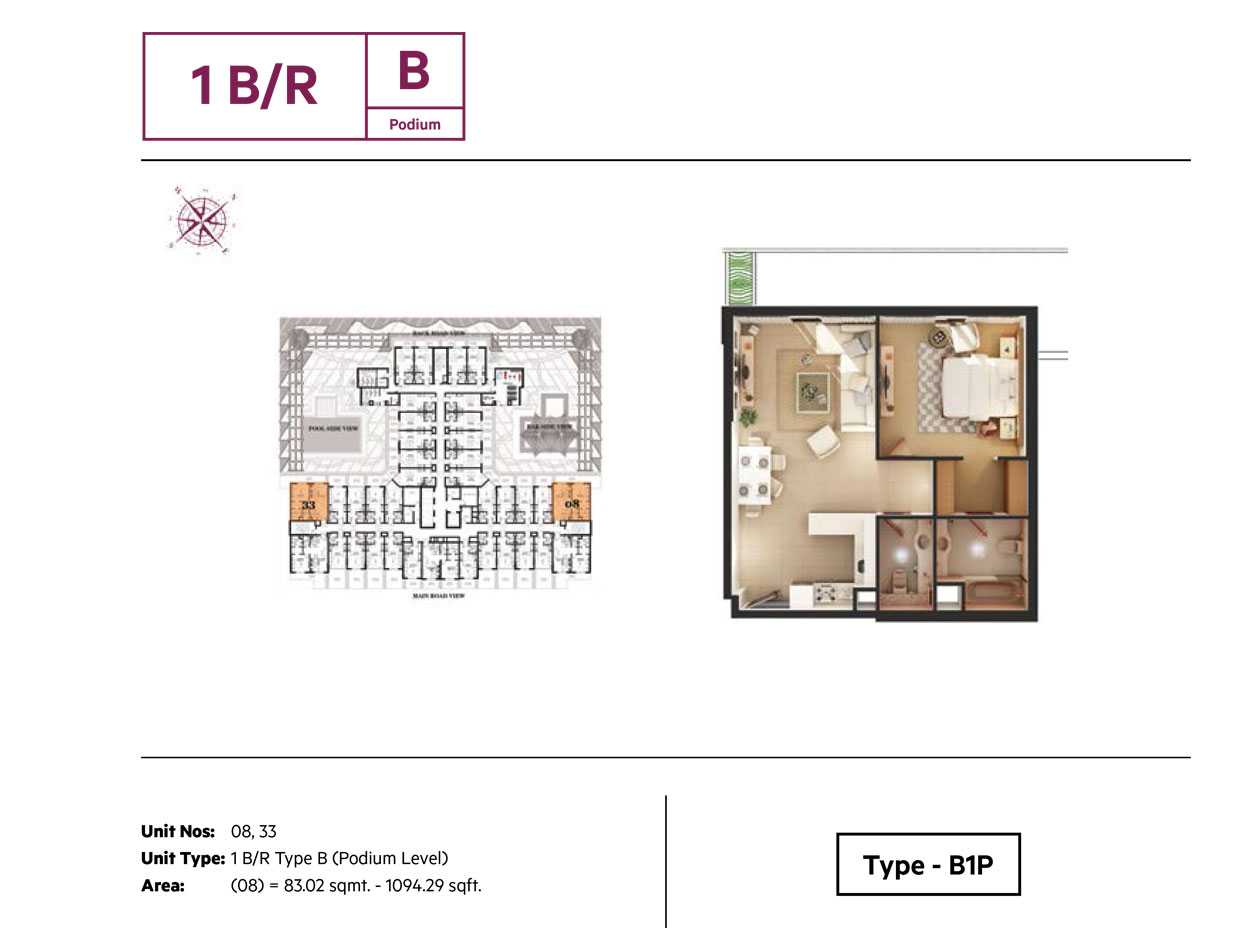 1BR,Type B, Size 1094.29 Sq.ft